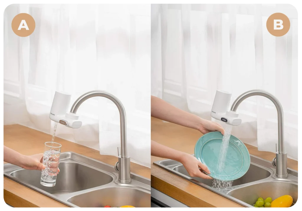 Filtro acqua rubinetto Philips installato in cucina أو Risparmio con filtro per rubinetto